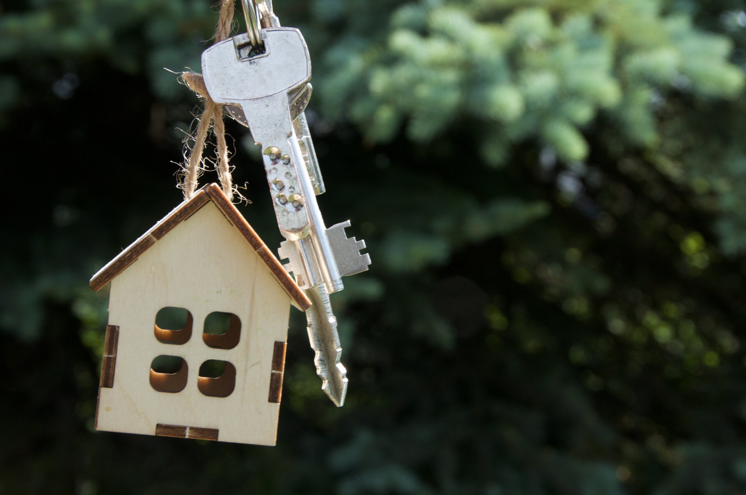 an image of a toy house and keys in front of a green background
