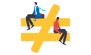 An illustration of people sitting on a large equal sign