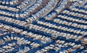 Aerial shot of dense rows of single-family homes