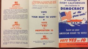 A picture of a electoral pamphlet from 1950 that says "A message to every Californian who believes in democracy of the grass roots!"